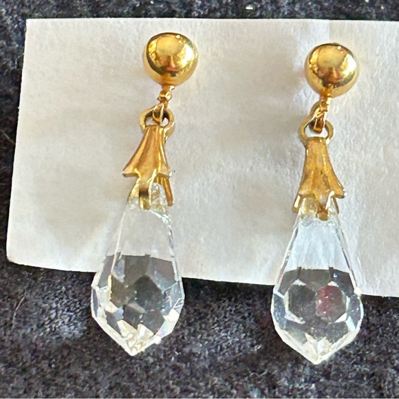 Vintage Faceted Crystal Pendulum Pierced Earrings with Gold Accents Dangle Drop - Picture 3 of 8